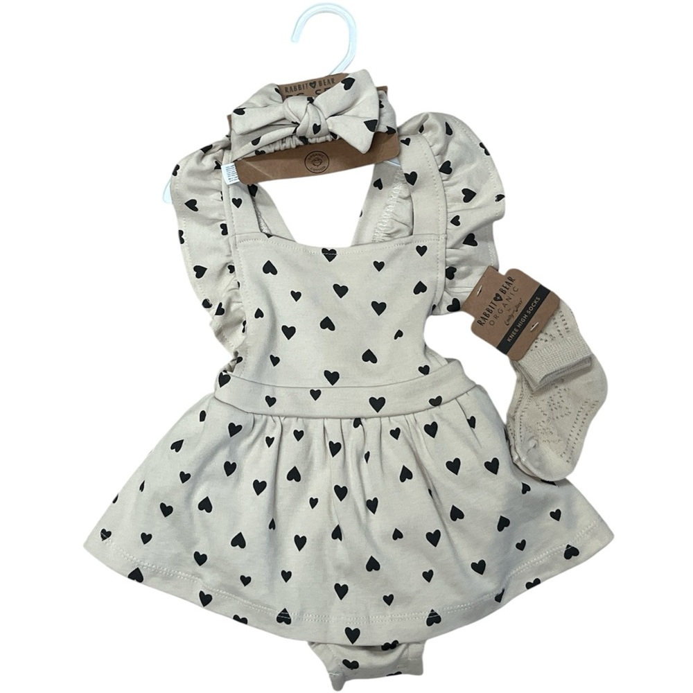 Organic cotton  Cream Heart Print  Dress with Headband
